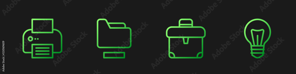 Poster set line briefcase, printer, document folder and light bulb. gradient color icons. vector