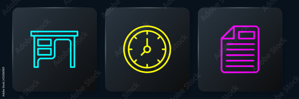 Poster set line office desk, file document and clock. black square button. vector
