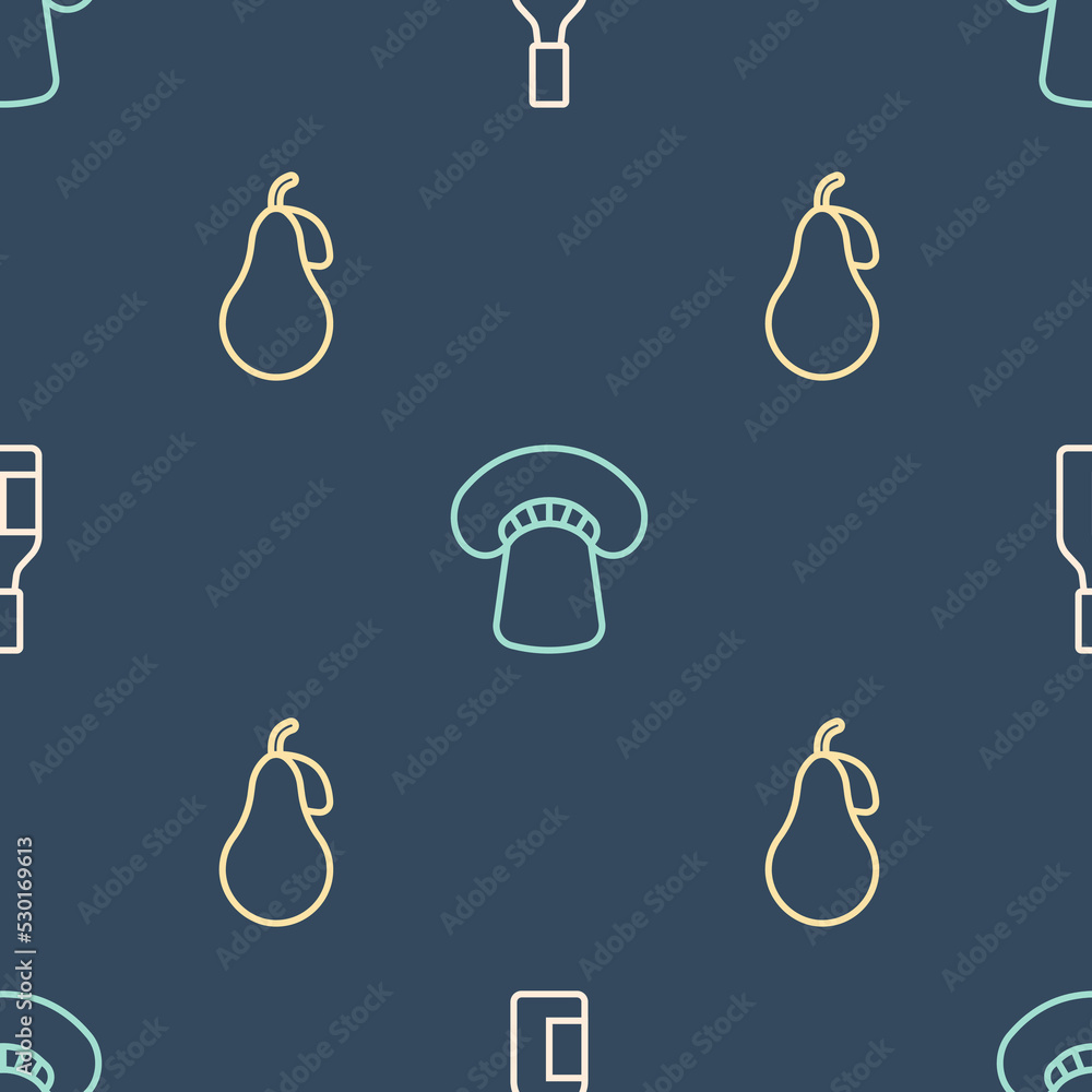 Poster set line tabasco sauce, pear and mushroom on seamless pattern. vector
