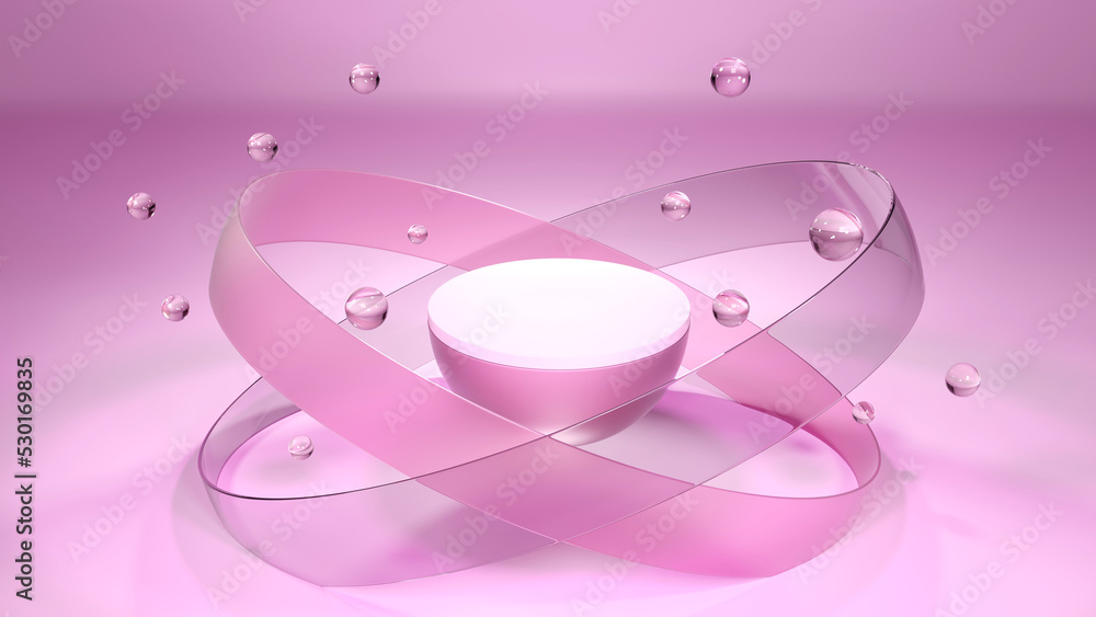 Poster stand to show cosmetic products.pink round podium with glass curved wall and glass ball. geometric b