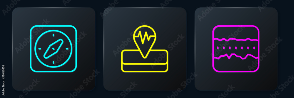 Poster set line compass, soil ground layers and earthquake. black square button. vector