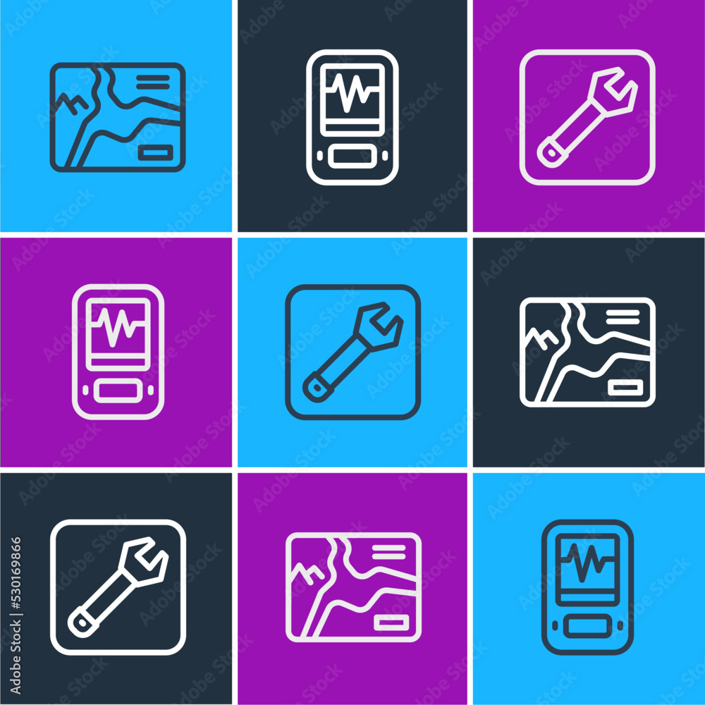 Poster set line topographic map, wrench spanner and seismograph icon. vector