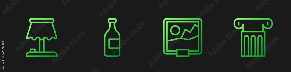 Poster set line picture, table lamp, bottle of wine and ancient column. gradient color icons. vector
