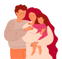 Obraz premium Husband hugs his wife. A young woman holds her little daughter in her arms.