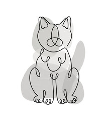 A cat drawn in one line with abstract spots. Grey doodle kitten. LineArt digital graphics, an animal drawn with a black outline. Stylish illustration