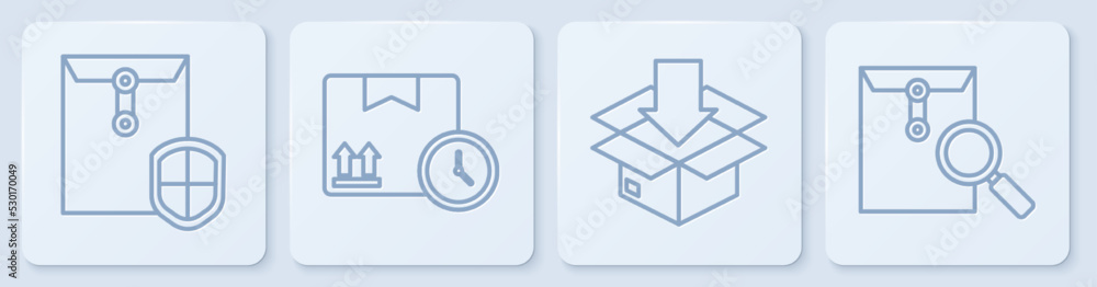 Poster set line envelope with shield, cardboard box with traffic symbol, cardboard box and fast time and en