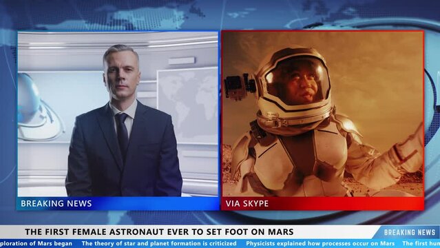 Male presenter in TV studio talking online via video link live with a woman astronaut who is on the planet Mars during the expedition.