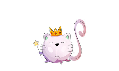 Vector abstract round cat with a crown on his head. An arrogant, arrogant cat holds a magic wand with a star in its paw. Closed eyes of a cat.