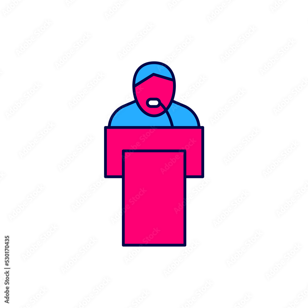 Poster filled outline gives lecture icon isolated on white background. stand near podium. speak into microp