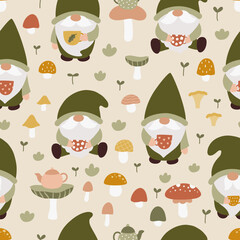 Seamless pattern with forest gnomes, tea cups and mushrooms. Fairy tale cartoon characters. Pastel neutral colors. Vector illustration for nursery decor, textiles and fabrics.