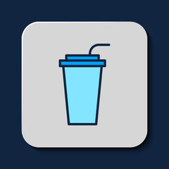 Filled outline Paper glass with drinking straw and water icon isolated on blue background. Soda drink glass. Fresh cold beverage symbol. Vector