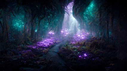 Crédence de cuisine en verre imprimé Forêt des fées Fantasy and fairytale magical forest with purple and cyan light lighting pathway. Digital painting landscape.