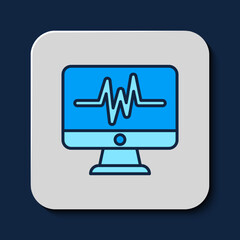 Filled outline Computer monitor with cardiogram icon isolated on blue background. Monitoring icon. ECG monitor with heart beat hand drawn. Vector