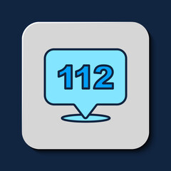 Filled outline Telephone with emergency call 112 icon isolated on blue background. Police, ambulance, fire department, call, phone. Vector