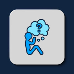 Filled outline Human head with question mark icon isolated on blue background. Vector