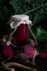 appetizer of beetroot and horseradish still life on a wooden table, seasonal 