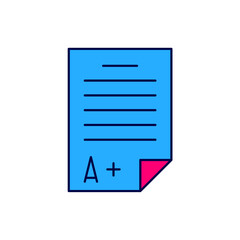 Filled outline Exam sheet with A plus grade icon isolated on white background. Test paper, exam, or survey concept. School test or exam. Vector