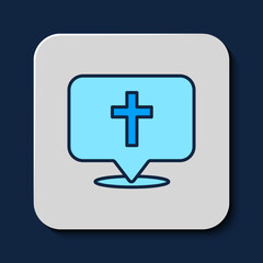 Filled outline Map pin church building icon isolated on blue background. Christian Church. Religion of church. Vector