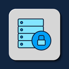 Filled outline Server security with closed padlock icon isolated on blue background. Database and lock. Security, safety, protection concept. Vector