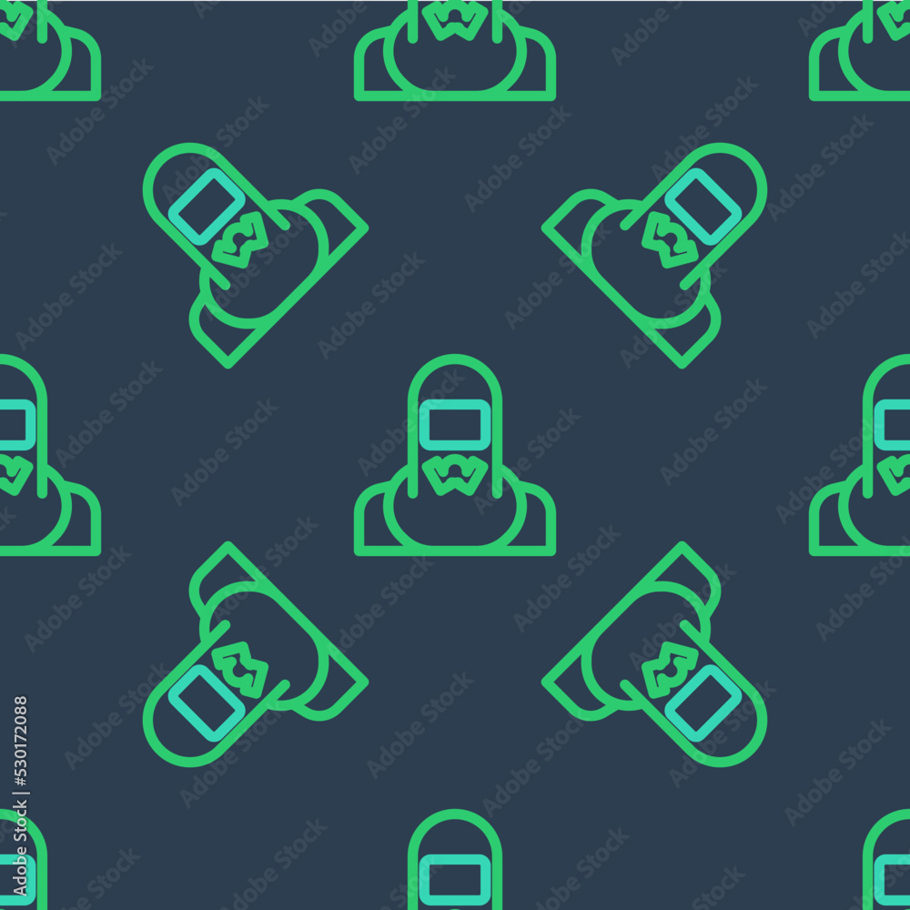 Poster Line Nuclear power plant worker wearing protective clothing icon isolated seamless pattern on blue background. Nuclear reactor worker. Vector