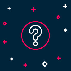 Line Unknown search icon isolated on blue background. Magnifying glass and question mark. Colorful outline concept. Vector