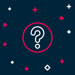 Obraz premium Line Unknown search icon isolated on blue background. Magnifying glass and question mark. Colorful outline concept. Vector
