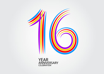 16 years anniversary celebration logotype colorful line vector, 16th birthday logo, 16 number design, Banner template, logo number elements for invitation card, poster, t-shirt. - obrazy, fototapety, plakaty