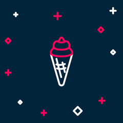 Line Ice cream in waffle cone icon isolated on blue background. Sweet symbol. Colorful outline concept. Vector