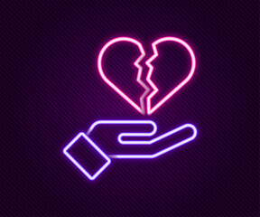 Glowing neon line Broken heart or divorce icon isolated on black background. Love symbol. Valentines day. Colorful outline concept. Vector