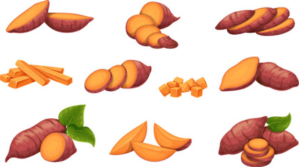Sweet potato set vector illustration. Cartoon isolated orange organic vegetable with purple peel, whole potato tuber and green leaf, fresh peeled and chopped cubes and sticks, raw batat slices