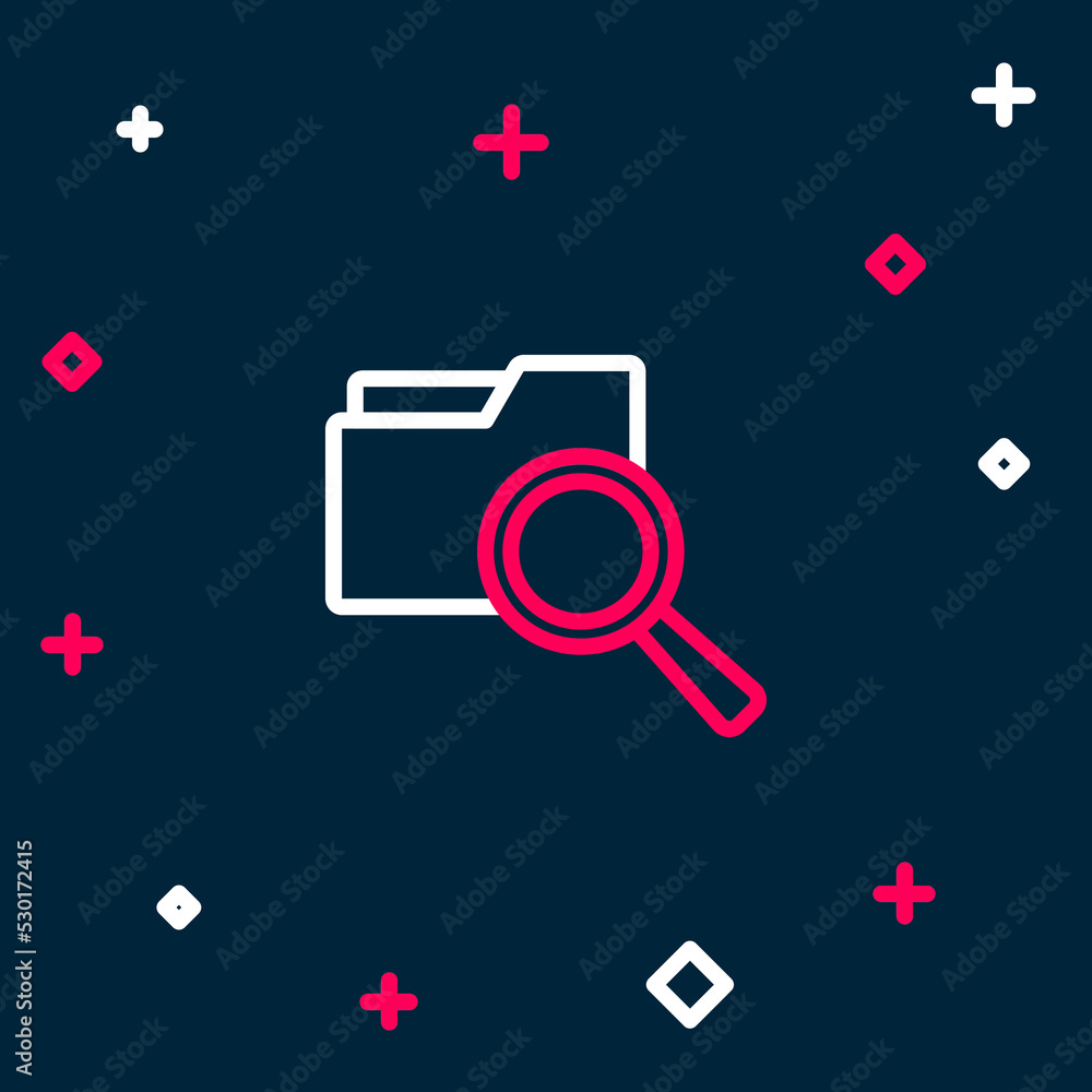 Poster line search concept with folder icon isolated on blue background. magnifying glass and document. dat