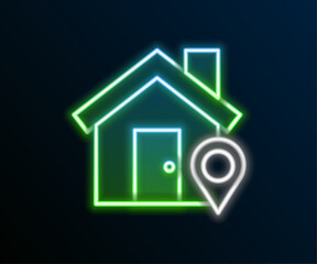 Glowing neon line Map pointer with house icon isolated on black background. Home location marker symbol. Colorful outline concept. Vector