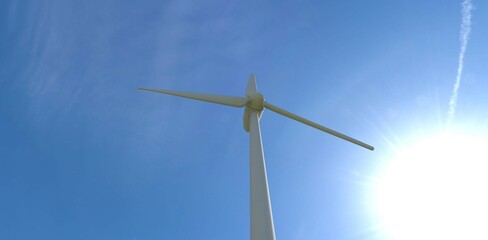 Bottom view of a white fan of an industrial wind turbine against the backdrop of the sun and deep sky. 3d render.