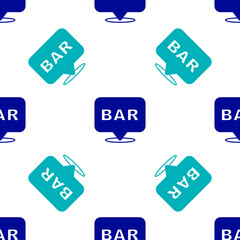 Blue Alcohol or beer bar location icon isolated seamless pattern on white background. Symbol of drinking, pub, club, bar. Vector