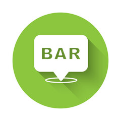White Alcohol or beer bar location icon isolated with long shadow. Symbol of drinking, pub, club, bar. Green circle button. Vector