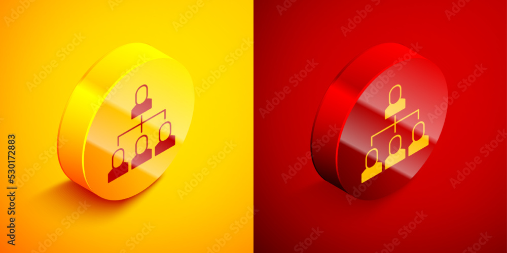Poster isometric business hierarchy organogram chart infographics icon isolated on orange and red backgroun