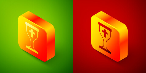 Isometric Christian chalice icon isolated on green and red background. Christianity icon. Happy Easter. Square button. Vector