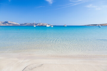 Dreamy sandy beach of crystal clear turquoise waters in Koufonisi island, Cyclades islands, Greece, Europe. 