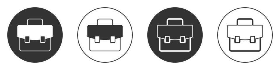 Black Briefcase icon isolated on white background. Business case sign. Business portfolio. Circle button. Vector