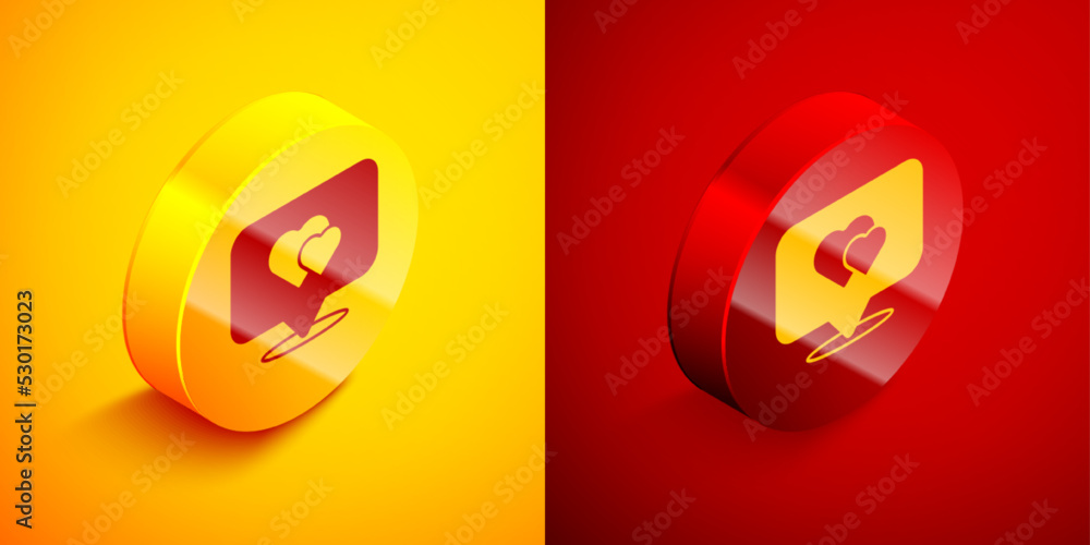 Poster isometric map pointer with heart icon isolated on orange and red background. valentines day. love lo