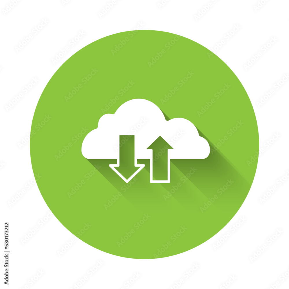 Poster white cloud download and upload icon isolated with long shadow background. green circle button. vect
