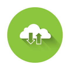 White Cloud download and upload icon isolated with long shadow background. Green circle button. Vector
