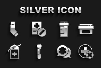 Set Test tube with blood, Ointment cream medicine, Cross hospital medical, Dialogue the doctor, tag, Medicine bottle, Inhaler and Medical prescription icon. Vector