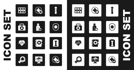 Set Test tube with blood, Bottle of medicine syrup, First aid kit, Pills blister pack, Medical shield cross, Cross hospital medical, X-ray shots and Heart rate icon. Vector