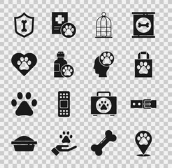 Set Location veterinary, Collar with name tag, Shopping bag pet, Cage for birds, Pet shampoo, Heart animals footprint, Animal health insurance and Human icon. Vector