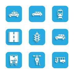 Set Traffic light, Scooter, Bus, Hatchback car, Road, Train and railway and Taxi icon. Vector