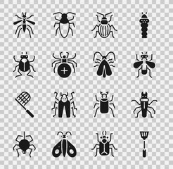 Set Fly swatter, Termite, Insect fly, Chafer beetle, Spider, Beetle bug, Mosquito and Clothes moth icon. Vector