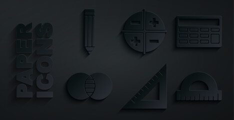 Set Triangular ruler, Calculator, Mathematics sets A and B, Protractor, XYZ Coordinate system and Pencil icon. Vector