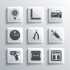 Set Area measurement, Bathroom scales, Syringe, Drawing compass, Digital thermometer, Radius, Pressure water and Measuring instrument icon. Vector