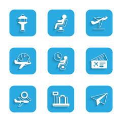 Set Human waiting in airport terminal, Scale with suitcase, Paper airplane, Airline ticket, Airplane search, Globe flying, Plane takeoff and Airport control tower icon. Vector